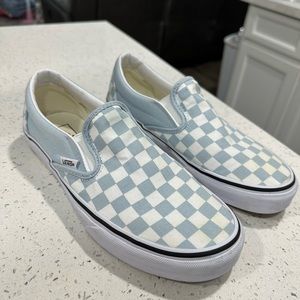 Baby blue checkered slip on vans